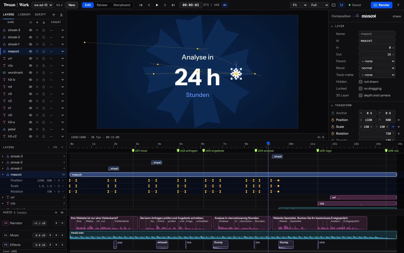 Das Studio im Modus Bearbeiten: links die Ebenenliste, in der Mitte die Bühne mit der markierten Ebene und ihren Anfassern, rechts die Eigenschaften, darunter die Zeitleiste mit Keyframes für Position, Skalierung und Drehung.
